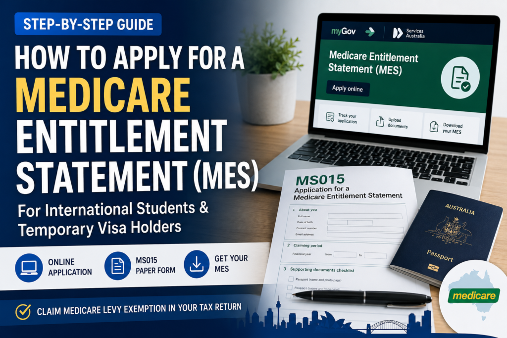 Medicare Entitlement Statement application guide showing myGov, the MS015 form and an Australian passport