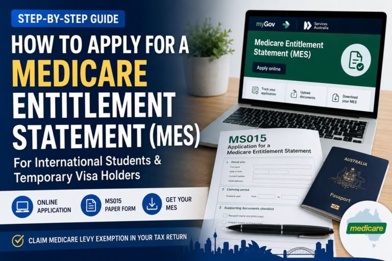 Medicare Entitlement Statement application guide showing myGov, the MS015 form and an Australian passport
